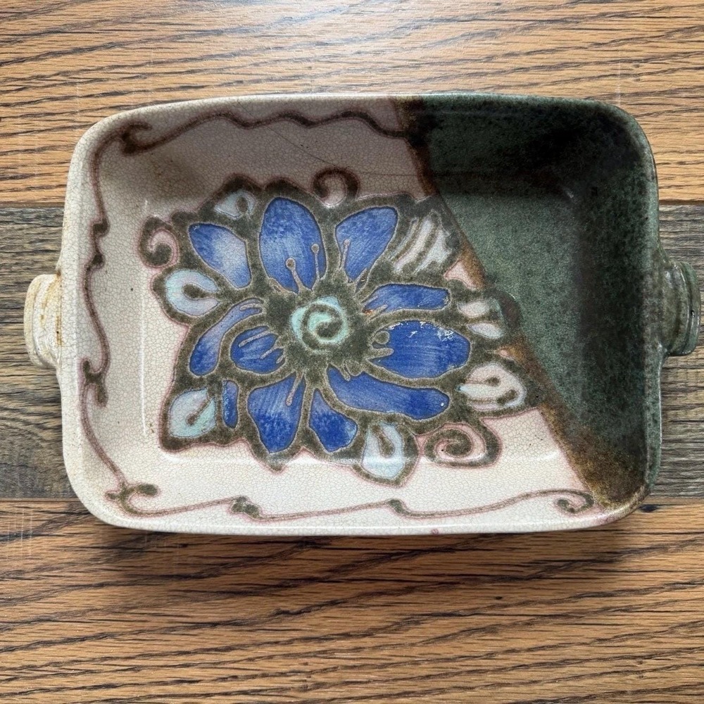 Studio Pottery Rectangular Dish Handmade Signed Blue Floral Crackle Glaze 12"